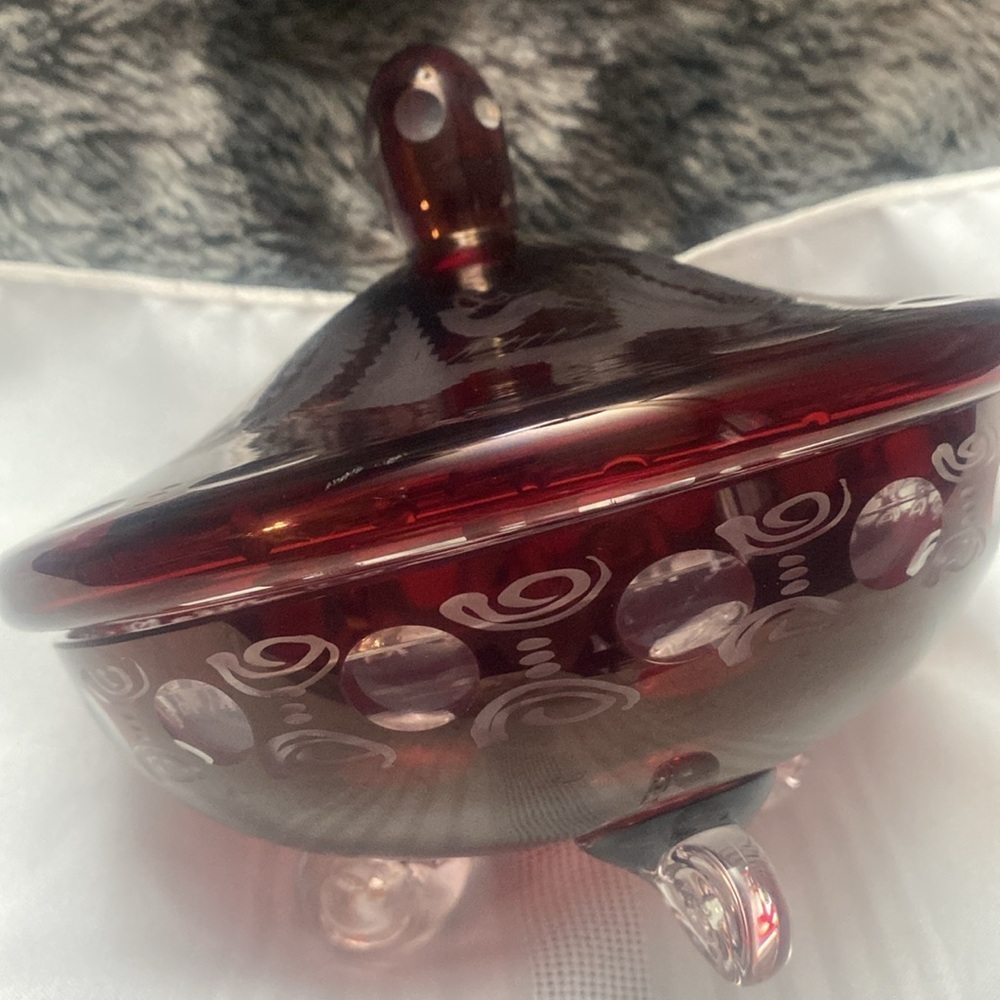Vintage Bohemian  Red Glass Cut To Clear Candy Dish
W/lid - Picture 11 of 16